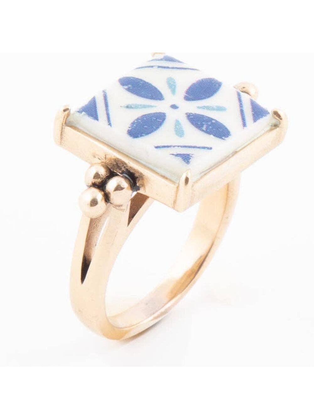 Santorini Blue & White Tile Statement Ring – Golden Bronze Band | Barse Jewelry
